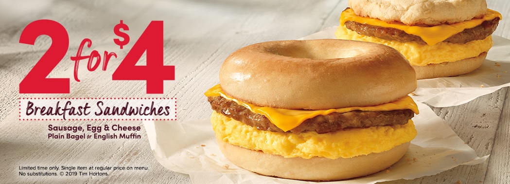 Tim Hortons offering 2 for $4 breakfast sandwich deal - Chew Boom